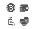 Bitcoin, Phone payment and Payment method icons. Tips sign. Cryptocurrency coin, Mobile pay, Wallet with coins. Vector