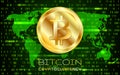 Bitcoin. Physical bit coin. Digital currency. Cryptocurrency. Golden coin with bitcoin symbol