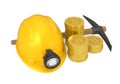 Bitcoin, Pick Axe and Miner Helmet Isolated