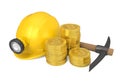 Bitcoin, Pick Axe and Miner Helmet Isolated