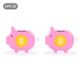 Bitcoin piggy bank and dollar piggy bank. The concept of profitability of currency