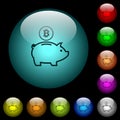 Bitcoin piggy bank icons in color illuminated glass buttons