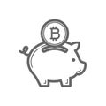 Bitcoin piggy bank savings line icon.