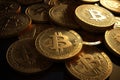 Bitcoin pile background, digital crypto currency bit coins close-up, generative AI