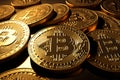 Bitcoin pile background, digital crypto currency bitcoin close-up, generative AI