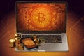 Bitcoin piles laying on laptop with Bitcoin logo on-screen and blockchain nodes all around Royalty Free Stock Photo