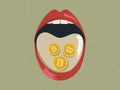 Bitcoin pills in girl mouth, addictive Bitcoin investment Royalty Free Stock Photo