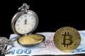 Bitcoin and pocket watch on one hundred turkish lira