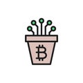 Bitcoin pot with closed contacts, blockchain, cryptocurrency flat color icon.