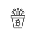 Bitcoin pot with closed contacts, blockchain, cryptocurrency line icon.