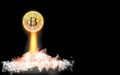 Bitcoin Price Goes Up Like Rocket Launch. Glowing BTC With Jet Flame Underneath.