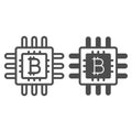 Bitcoin processor chip line and solid icon, mining data concept. Vector graphics. Integrated circuit microchip with coin