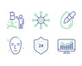 Bitcoin project, 24 hours and Eye drops icons set. Multichannel, Health skin and Statistics signs. Vector