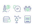 Bitcoin project, Text message and Employee hand icons set. Chemical formula, Recovery server and Ssd signs. Vector