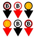 Bitcoin rate falling color icon. Cryptocurrency with down arrow. Bit coin collapse Falls Down symbol. Vector Illustration.