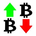 Bitcoin rate and falling icon with down arrow. Exchange indicating growth and a drop in prices and profits. Concept of purchase of