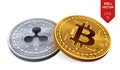 Bitcoin and Ripple. 3D isometric Physical coins. Digital currency. Cryptocurrency. Silver coin with ripple symbol and golden coin