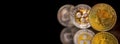 Bitcoin, ripple, dash. Crypto currency Gold Bitcoin, BTC, Bit Coin. Macro shot of Bitcoin coins isolated on black background. Pano