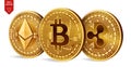 Bitcoin. Ripple. Ethereum. 3D isometric Physical coins. Digital currency. Cryptocurrency. Golden coins with bitcoin, ripple and et