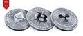 Bitcoin. Ripple. Ethereum. 3D isometric Physical coins. Digital currency. Cryptocurrency. Silver coins with bitcoin, ripple and et Royalty Free Stock Photo