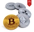 Bitcoin. Ripple. Ethereum. Dash. Litecoin. 3D isometric Physical coins. Crypto currency. Golden and Silver coins with bitcoin, rip