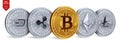 Bitcoin. Ripple. Ethereum. Dash. Litecoin. 3D isometric Physical coins. Crypto currency. Golden and Silver coins with bitcoin, rip