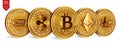 Bitcoin. Ripple. Ethereum. Dash. Litecoin. 3D isometric Physical coins. Crypto currency. Golden coins with bitcoin