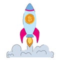 Bitcoin rocket launch - cryptocurrency growth and digital finance innovation. Royalty Free Stock Photo