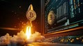 Bitcoin Rocket Launch with Soaring Value: A rocket with a bitcoin symbol blasts off from a launchpad as screens show dat Royalty Free Stock Photo