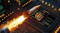 Bitcoin Rocket Launch with Soaring Value: A rocket with a bitcoin symbol blasts off from a launchpad as screens show dat Royalty Free Stock Photo
