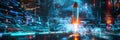 Bitcoin rocket launching from a virtual platform surrounded by digital data streams and neon lights capturing the essence of