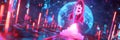 Bitcoin rocket launching from a virtual platform surrounded by digital data streams and neon lights capturing the essence of