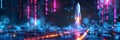 Bitcoin rocket launching from a virtual platform surrounded by digital data streams and neon lights capturing the essence of