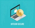 Bitcoin secure illustration with laptop and lock icon on the digital blue background. Isometric view. Royalty Free Stock Photo