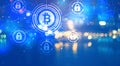 Bitcoin Security Theme with city lights at night Royalty Free Stock Photo