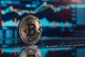 Bitcoin shiner in front of blurry trading charts screen