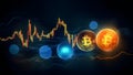 Bitcoin shiners and candlesticks price graph on dark background, neural network generated image