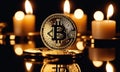 Bitcoin shiners on dark mirror surface in front of candlesticks. Bitcoin on glossy surface, Business background with