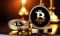 Bitcoin shiners on dark mirror surface in front of candlesticks. Bitcoin on glossy surface, Business background with
