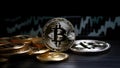 bitcoin shiners in front of candlesticks price chart, neural network generated image