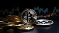 bitcoin shiners in front of candlesticks price chart, neural network generated image