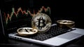 bitcoin shiners on laptop pc in front of price chart, neural network generated image