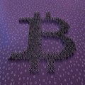 Digital currency symbol with digits 1 and 0 on purple background. Bitcoin sign and binary code perspective view, 3D render, 3D ill Royalty Free Stock Photo