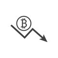 Bitcoin sign with down arrow icon. Gain loss. Vector illustratio