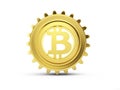 Bitcoin sign in a gold gear on a white background 3D illustration, 3D rendering