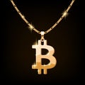 Bitcoin sign jewelry necklace on golden chain.