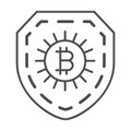 Bitcoin sign on shield, secured thin line icon, cryptocurrency concept, protected BTC vector sign on white background Royalty Free Stock Photo