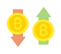 Bitcoin signs with rising and falling arrows. Positive and negative dynamics in crypto market - analytics for bitcoin