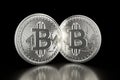 Bitcoin. Silver coins with bitcoin symbol isolated on black background. Digital currency. Block chain. Cryptocurrency. 3D illustra