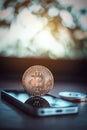 Bitcoin on smart phone with space for text,digital money online marketting concept Royalty Free Stock Photo